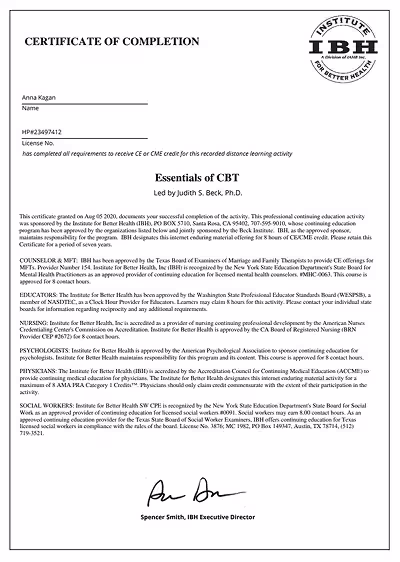 Anna Kagan has completed all requirements to receive CE or CME credit for this recorded distance learning activity Essentials of CBT